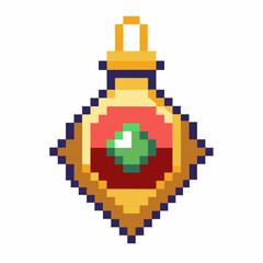 Obraz premium Pixel Art Potion Bottle with Green Gem in Gold Frame