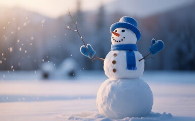 Obraz premium Charming snowman in a winter wonderland scene with falling snow and soft background