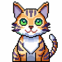 Obraz premium Cute Pixel Art Cat with Green Eyes and Striped Fur in Retro Style