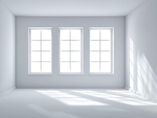 Bright White Room Interior with Sunlight Streaming Through Windows