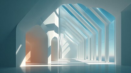 Obraz premium Bright White Room Interior with Angled Windows and Soft Sunlight