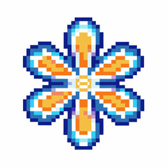 Fototapeta premium Pixel art flower illustration with symmetrical orange and blue petals, vibrant retro geometric digital design
