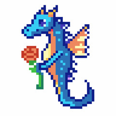 Fototapeta premium Blue pixel art dragon holding a flower cute retro fantasy character, digital 8 bit style, mythical creature illustration