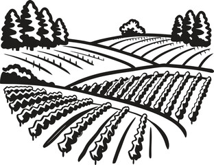 Fototapeta premium rural farmland landscape with cultivated fields and trees agricultural countryside, nature scene with rolling hills and crops