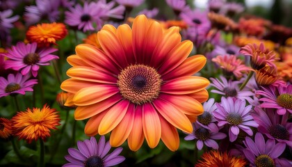 in a lush garden during spring a vivid daisy displays its colorful petals with shades of orange pink and purple surrounded by various blooming flowers creating a lively atmosphere