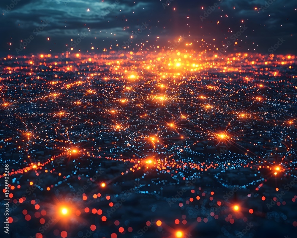 Poster glowing quantum network grid connecting factories across the world in a seamless industrial web
