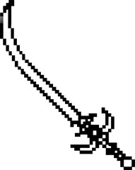 Fototapeta premium classic pixel art sword illustration retro gaming weapon, black outline, curved blade fantasy saber isolated on white background
