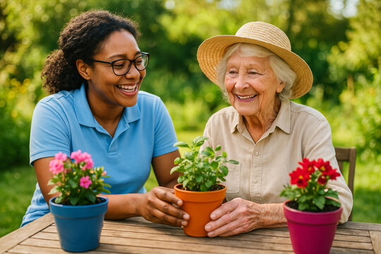 Senior woman gardening with caregiver in summer