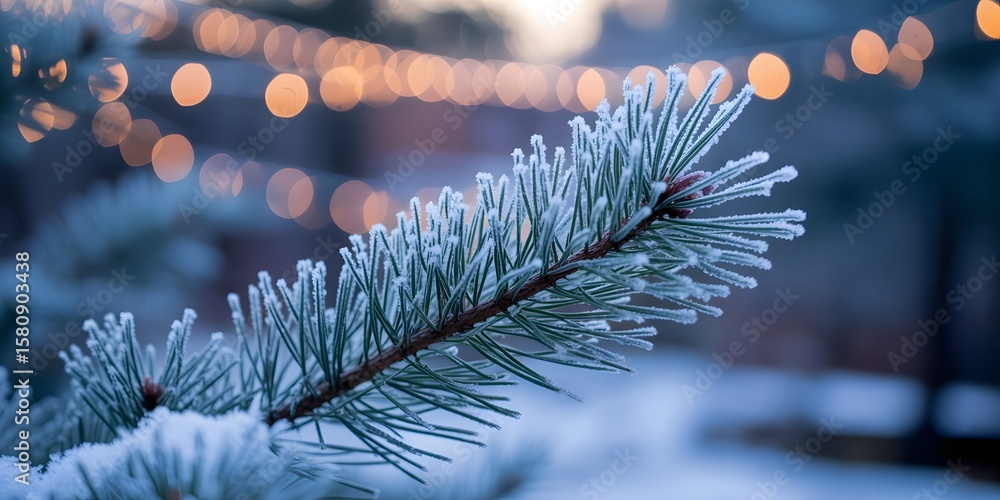 Poster close up of a frosted pine branch with a bokeh of lights in the background creating a winter wonderl