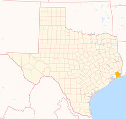 Map of the County Jefferson (Texas, US) showing the Federal State with the highlighted County