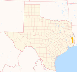 Map of the County Jasper (Texas, US) showing the Federal State with the highlighted County