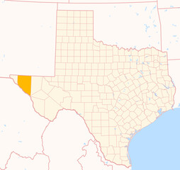 Map of the County Hudspeth (Texas, US) showing the Federal State with the highlighted County