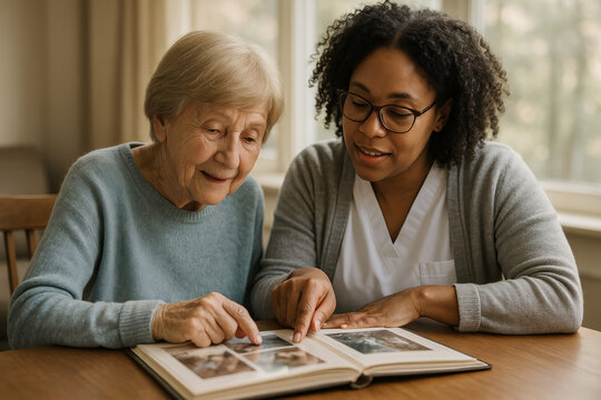 Caregiver and senior woman looking at photo album