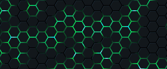 Dark technology hexagonal vector abstract background. Green bright energy flashes under hexagon in dark technology futuristic modern background vector illustration. Gray honeycomb texture grid.