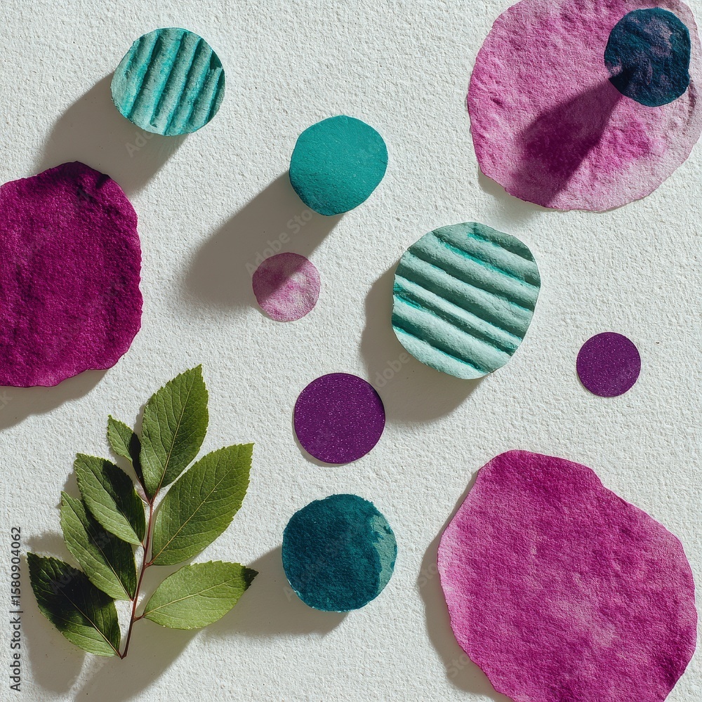 Aufkleber abstract arrangement of colorful textured circles and a green leafy branch on a white background, cr