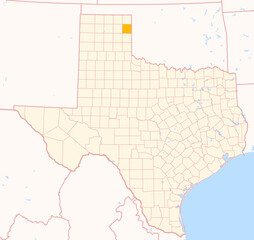 Map of the County Hemphill (Texas, US) showing the Federal State with the highlighted County