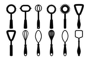A collection of black silhouette kitchen utensils including whisks bottle openers and other unique tools arranged in two rows on a white background