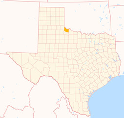 Map of the County Hardeman (Texas, US) showing the Federal State with the highlighted County
