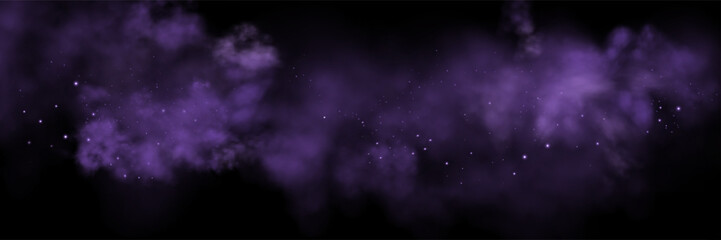 Purple space realistic nebula smoke background. Abstract fog texture and shining stars. Magic colorful galaxy with stardust. Abstract vector illustration