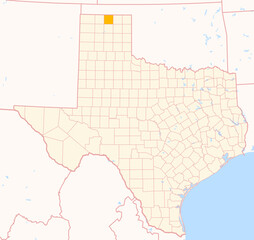 Map of the County Hansford (Texas, US) showing the Federal State with the highlighted County