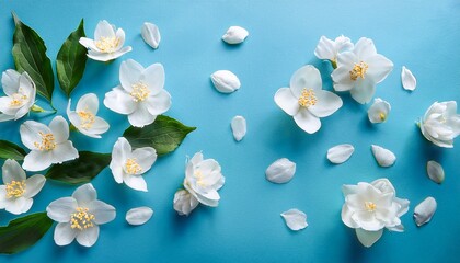 top view of delicate jasmine on pastel blue soft lighting and minimal layout evoke purity nature and summer serenity