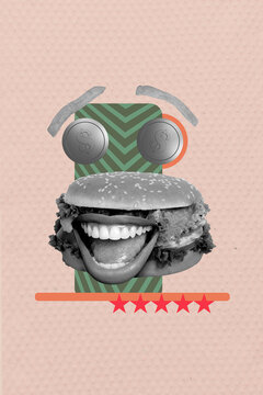 Trend template sketch design 3D photo collage of psychedelic burger lips smile coins eyes watch kitchen cooking cuisine dinner gourmet