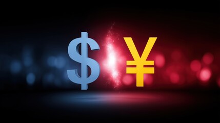 Obraz premium Dollar and yen currency symbols illuminated against a dark background, representing global finance, economic exchange, and international trade concepts in a vibrant visual display