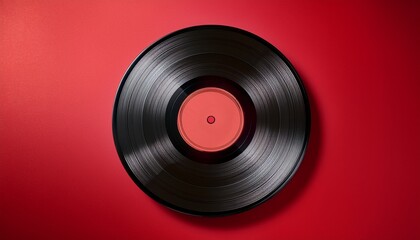 Obraz premium a black vinyl record on a red background showcasing the retro charm of analog music and vintage style