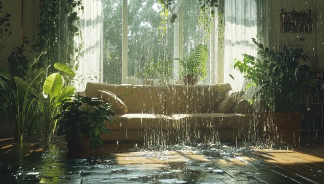 Sunlight streams through a rainy window, flooding a room with plants and a sofa
