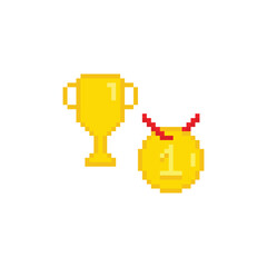 pixel You win  icon trophy gold medal  winner 8 bit icon for computer game