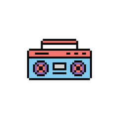 pixel music  cassette player icon.  Vector pixel art tape recorder 8 bit logo for game