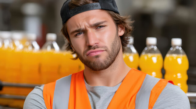 Man in orange safety vest and cap stands confidently in front of row of orange juice bottles - Powered by Adobe