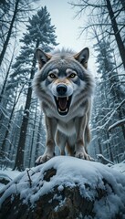 Fierce Wolf Roar in Snow Landscape.