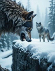 Fierce Wolf Roar in Snow Landscape.