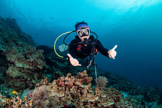 Asian female scuba diver diving looking at camera in Andaman sea, Thailand. Recreational underwater activity to explore marine life.
