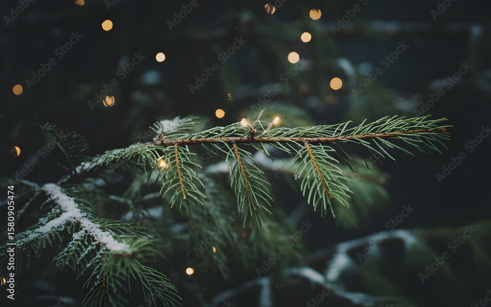 Poster festive pine branch with string lights creating a christmas atmosphere in winter