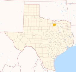 Map of the County Denton (Texas, US) showing the Federal State with the highlighted County