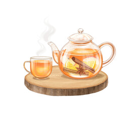 Glass teapot and cup of hot fruit herbal tea with apple, lemon, cinnamon, anise. Wooden teapot stand