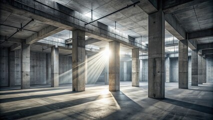 Sunbeams illuminate an expansive, unfinished concrete structure featuring robust pillars and elevated beams, creating a dramatic architectural scene.