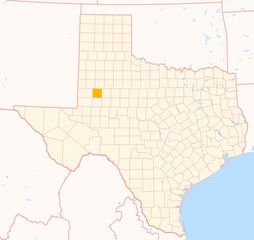 Map of the County Dawson (Texas, US) showing the Federal State with the highlighted County