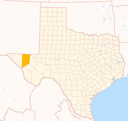 Map of the County Culberson (Texas, US) showing the Federal State with the highlighted County