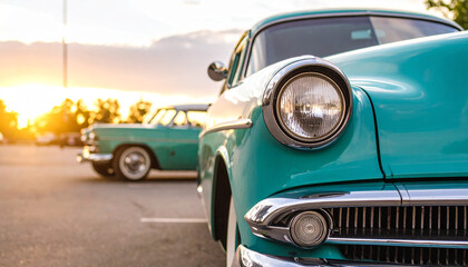 Vintage Car Headlight Close-Up.Close up of a luxurious sports car being washed with fresh water droplets in a panoramic view