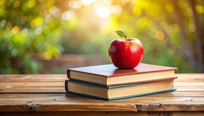 Red apple on books outdoors
