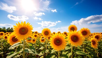 Naklejka premium Golden Sunflowers Stretching Toward a Clear Sky