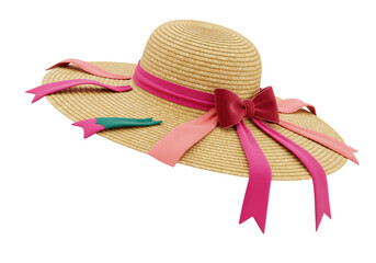 Isolated Summer Straw Hat Pink Ribbon