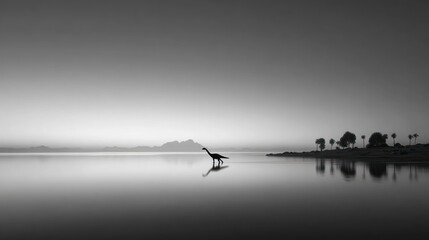 A grayscale dinosaur silhouette by a calm lake at dawn
