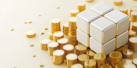 Elegant White and Gold Metal Cube with Scattered Coins: Abstract Commercial Background for Financial Tech and Economic Presentations. Minimalist 3D Design for Corporate Events and Annual Reports