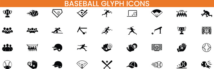 Baseball Glyph Icon Set – Minimal Silhouette Sports Symbols Vector