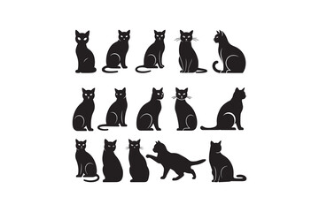 Cat Silhouettes Collection Black Icons Set Various Cat Poses Silhouette Design Pack