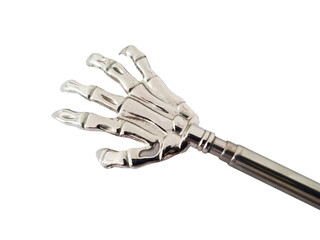 An isolated metal back scratcher in the form of a hand.